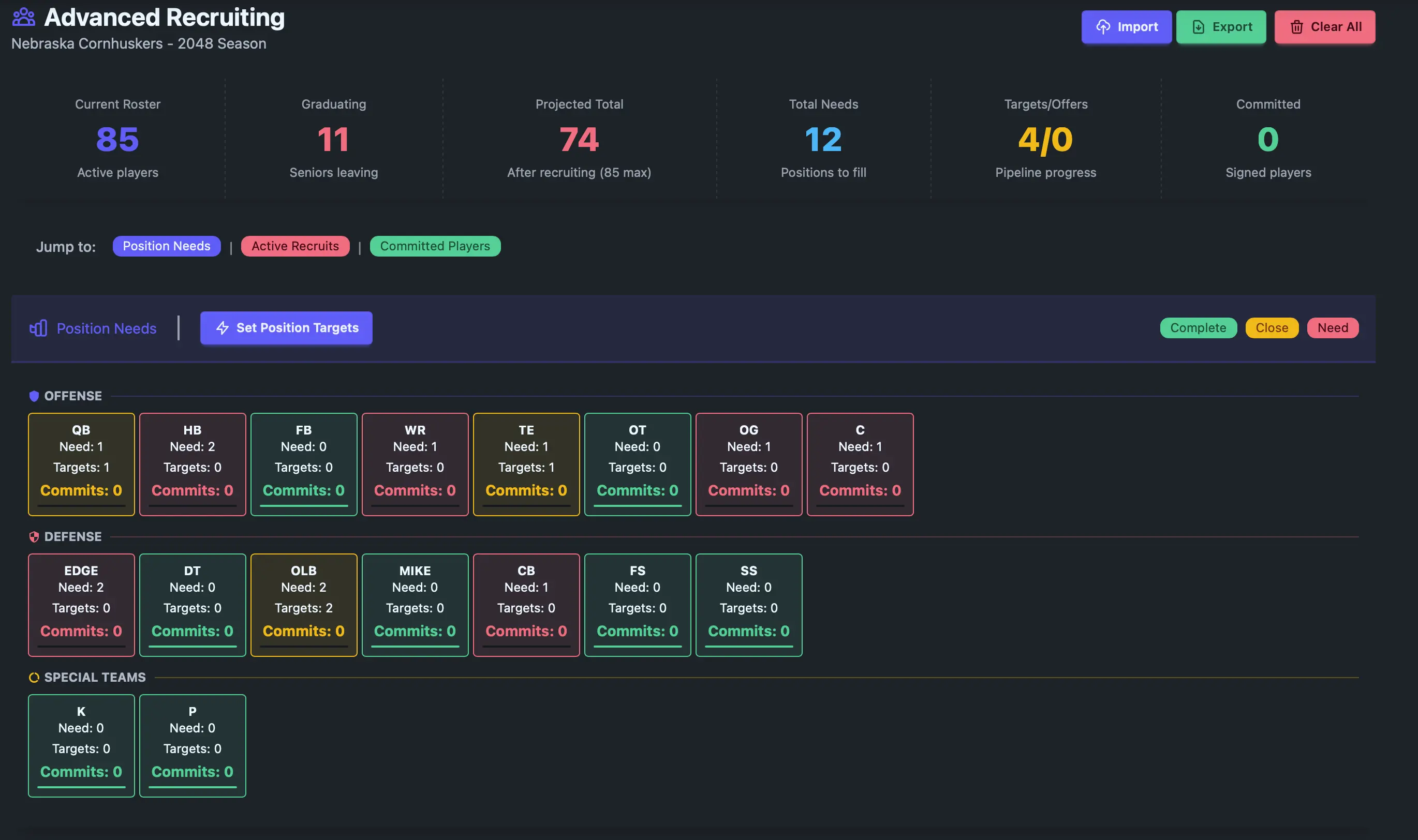 Recruiting dashboard with targets and commitments showing position needs