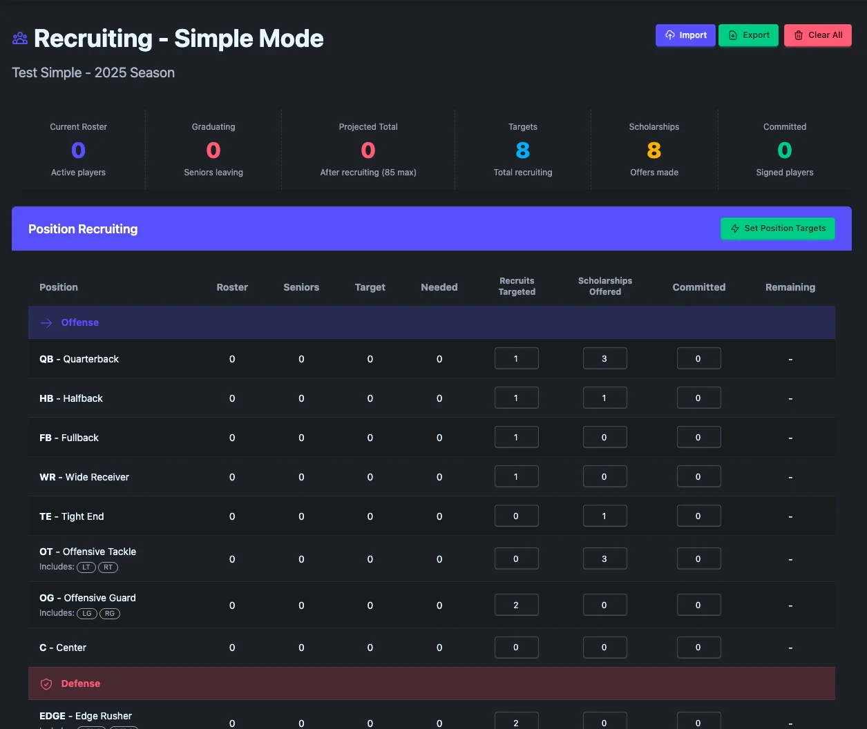 Recruiting dashboard in simple mode showing targets and commitments